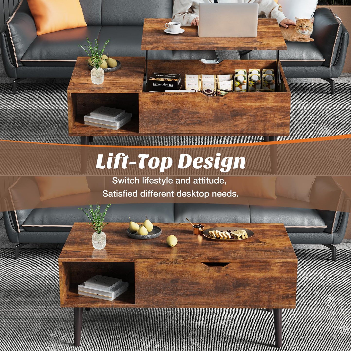 Lift Top Coffee Table with Hidden Compartment and Adjustable Storage