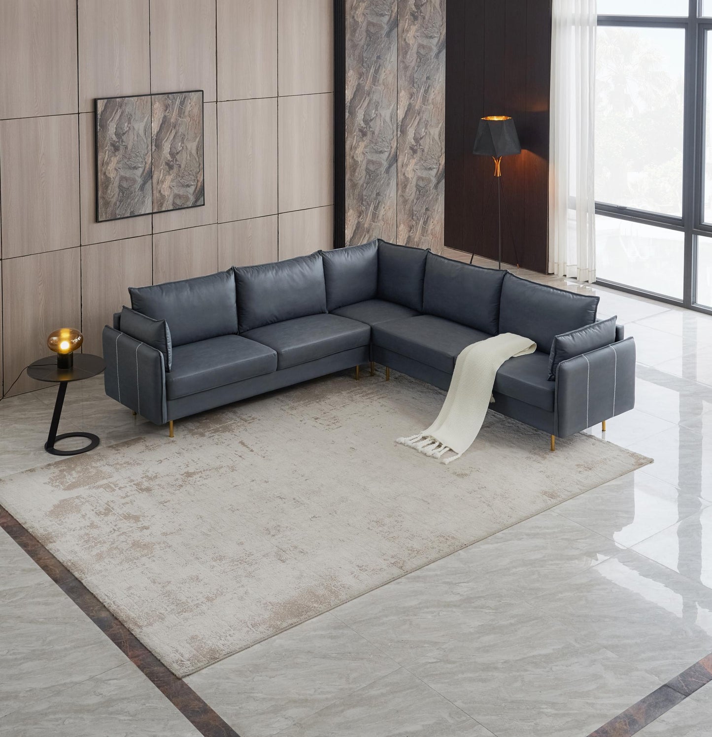 Dark Grey L-Shaped Technical Leather Sectional Sofa, 92.5x92.5"