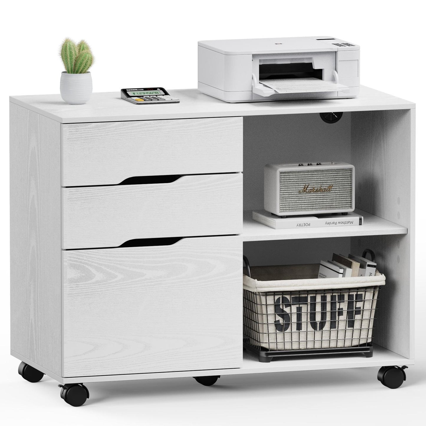 3-Drawer Wood Printer Stand with Storage and Wheels