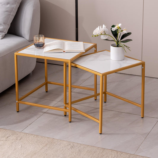 2-Piece Nesting End Tables, Sintered Stone Top, Golden Frame