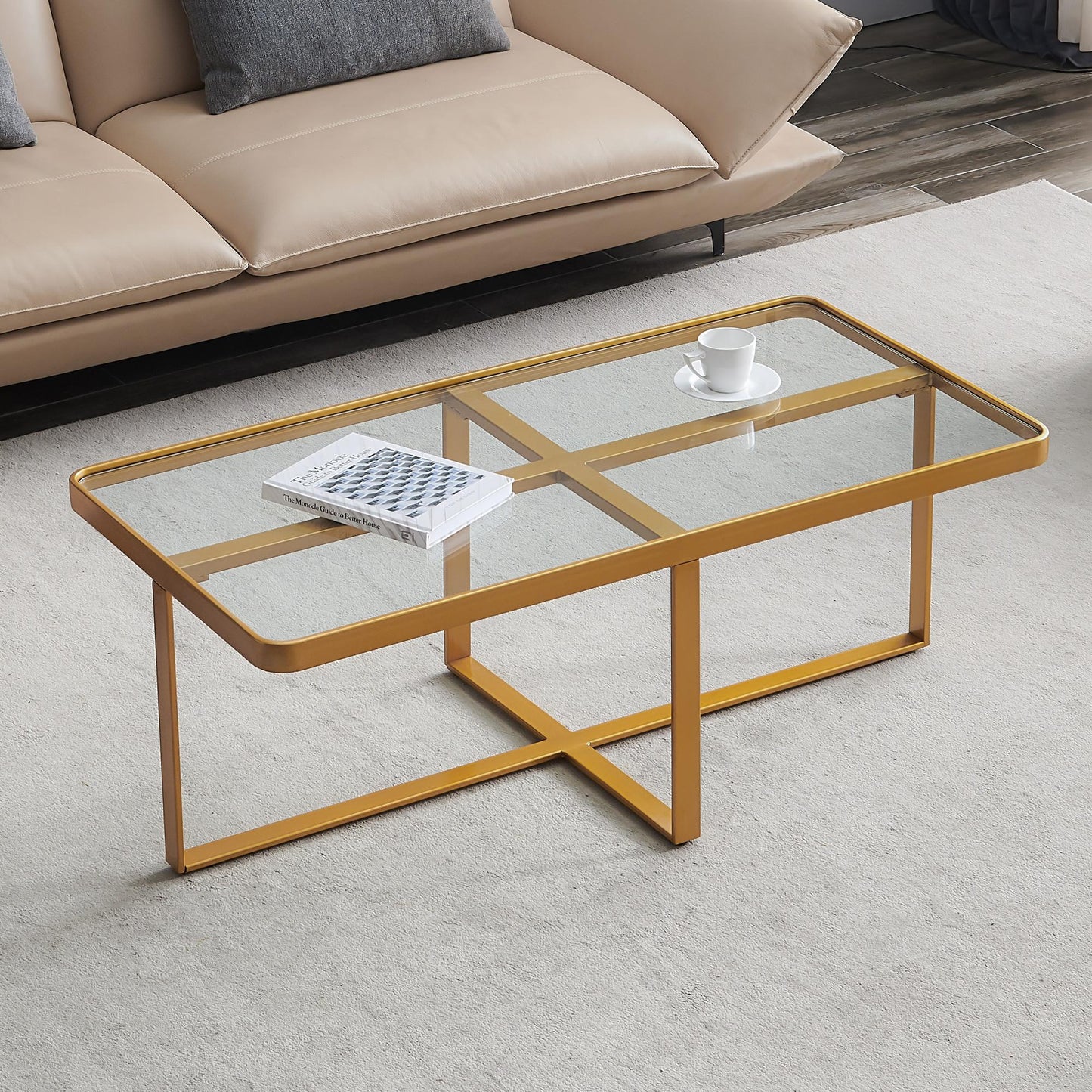 Minimalist Coffee Table, Golden Metal Frame, Glass Top